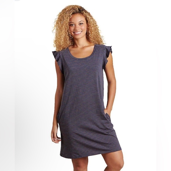 Toad&Co Women’s Ruffilita SS Striped Navy Organic Cotton T-Shirt Dress- Size XS - Picture 1 of 8